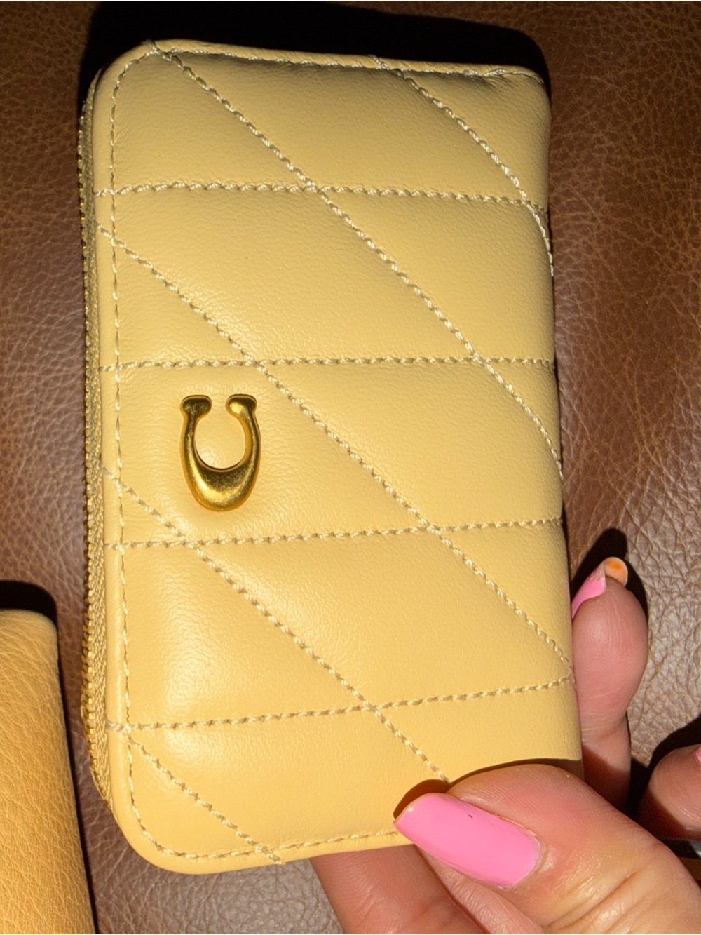 Yellow Quilted Leather Card Holder with Gold Horseshoe Logo
